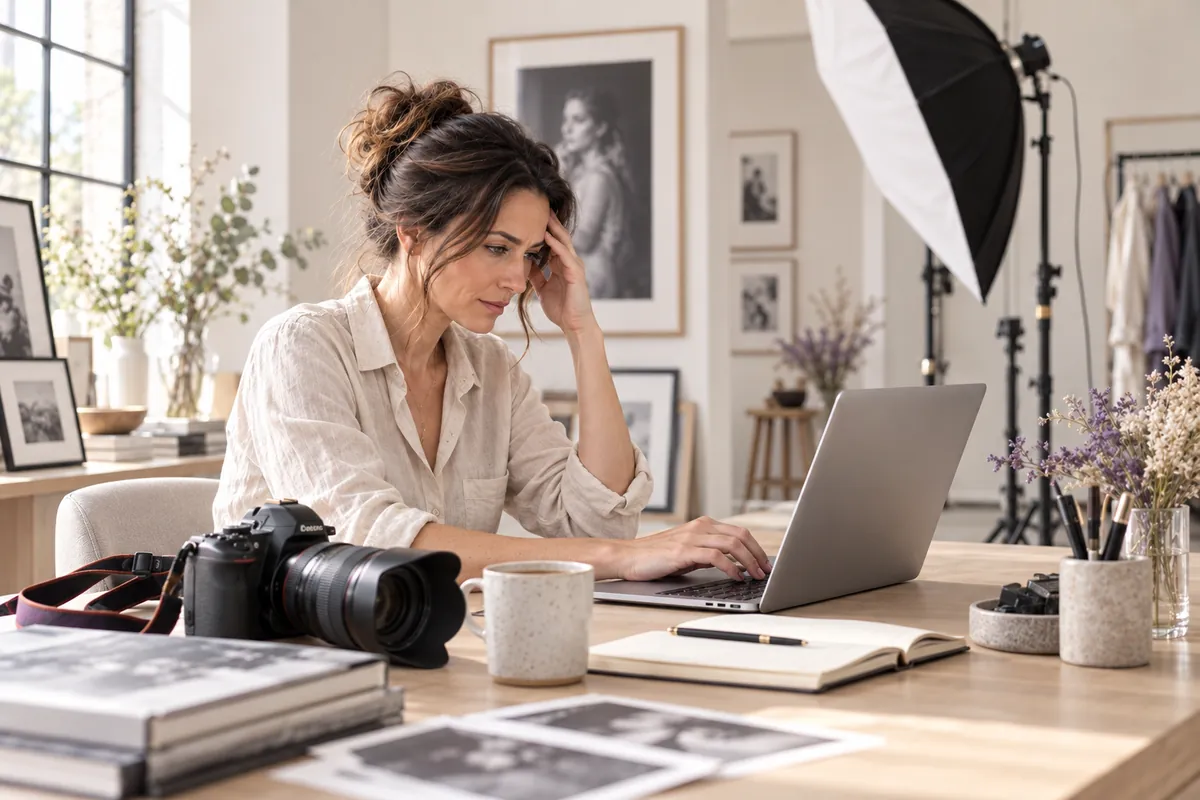 Fotografin am Laptop in einem hellen Fotostudio (KI-generiertes Bild)